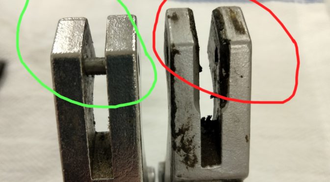 side by side comparison of new and old worn out lock hasp